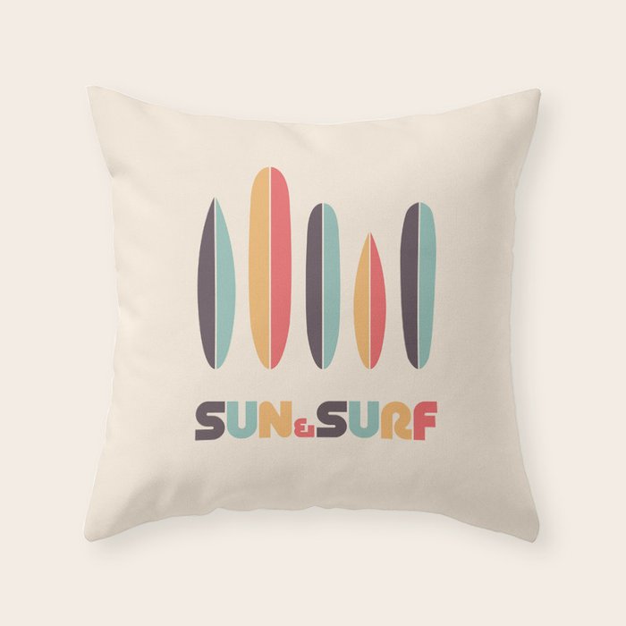 Sun & Surf Surfboards - Retro Rainbow Throw Pillow Gallery Image 1