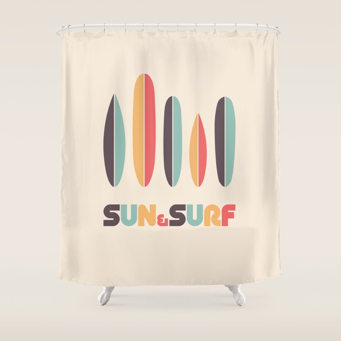 Sun & Surf Surfboards - Retro Rainbow Shower Curtain Gallery Image 1