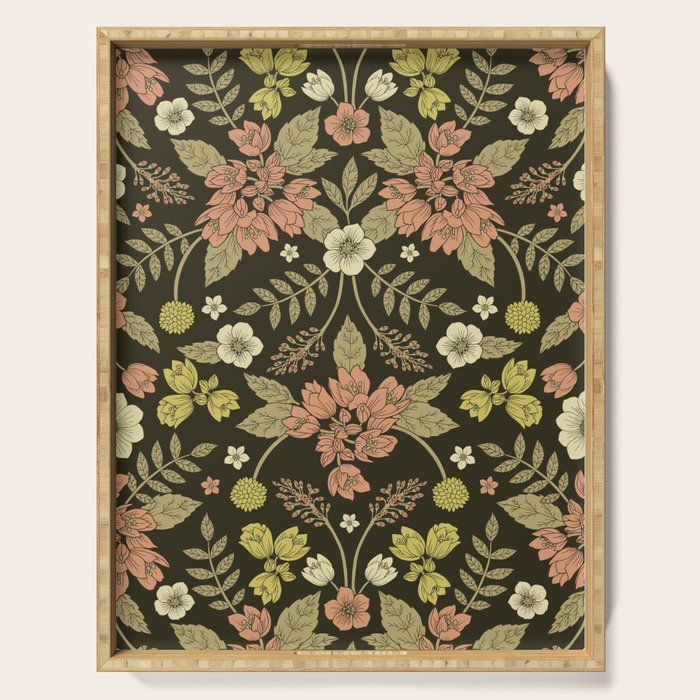 Sage, Dark Green, Peach & Cream Floral Pattern Serving Tray Gallery Image 1