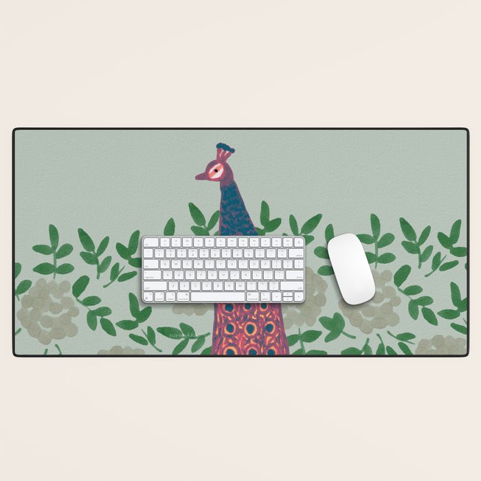 Peacock and Flower - Pink and Sage Desk Mat Gallery Image 1