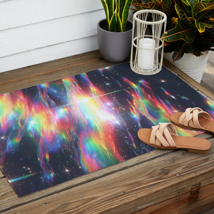 Celestial Rainbow Drift Abstract Space Prism Light and Ethereal Glow Outdoor Rug Gallery Image 2
