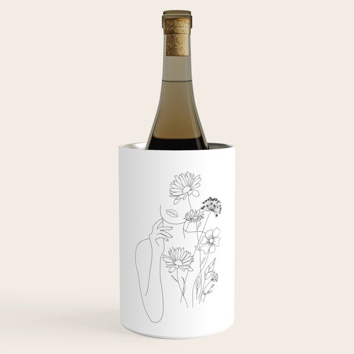 Minimal Line Art Woman with Flowers III Wine Chiller Gallery Image 1