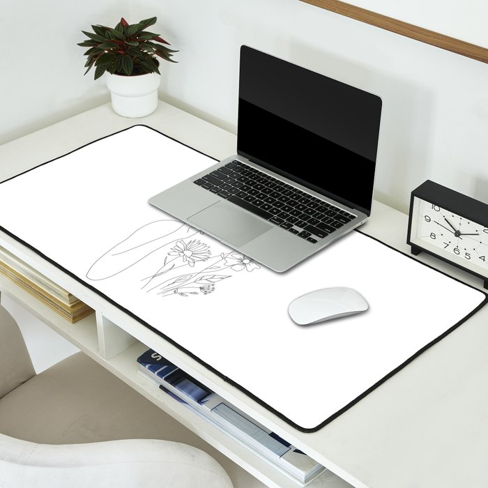 Minimal Line Art Woman with Flowers III Desk Mat Gallery Image 2