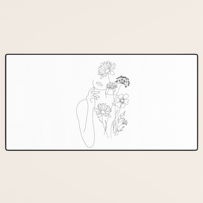 Minimal Line Art Woman with Flowers III Desk Mat Gallery Image 3