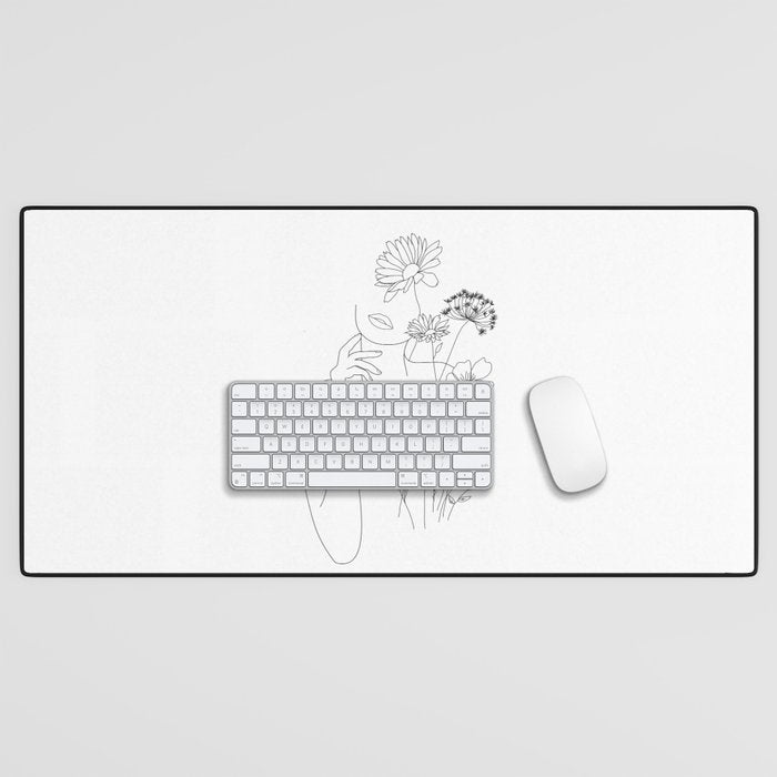 Minimal Line Art Woman with Flowers III Desk Mat Gallery Image 1