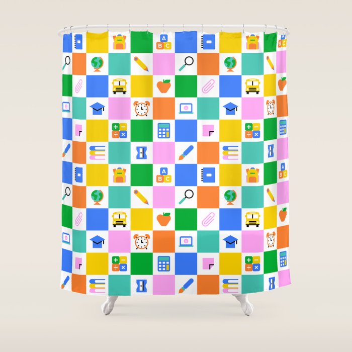 Colorful back to school checkered art pattern Shower Curtain Gallery Image 1