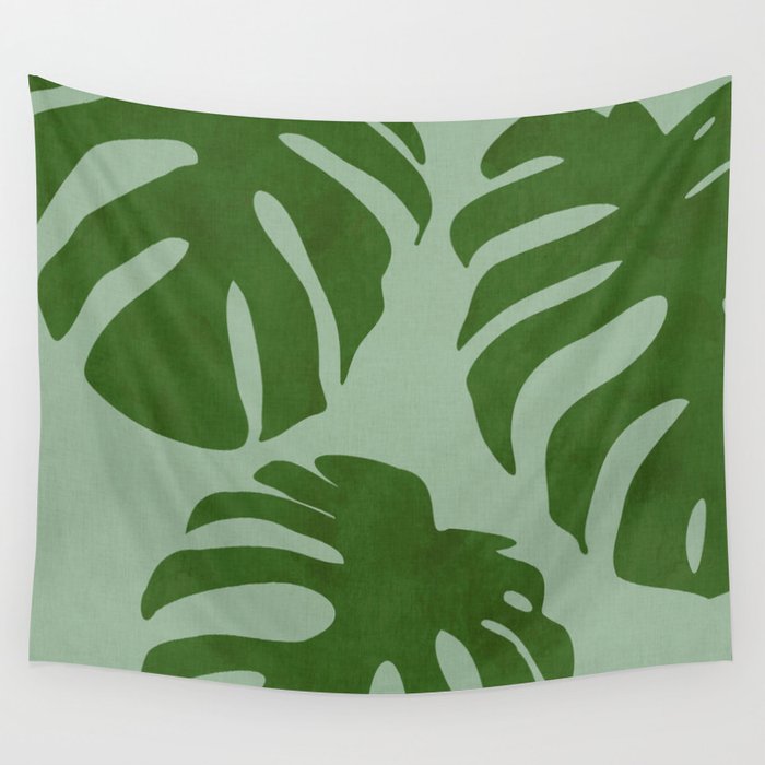 monstera leaves minimal plant green summer Wall Tapestry Gallery Image 4
