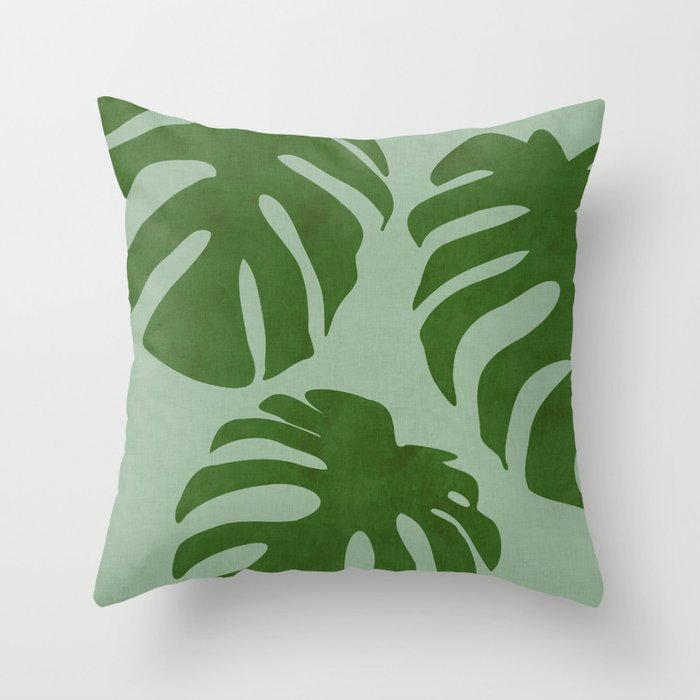 monstera leaves minimal plant green summer Throw Pillow Gallery Image 1