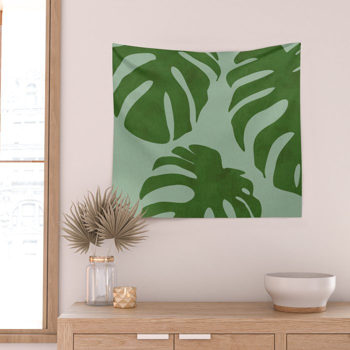 monstera leaves minimal plant green summer Wall Tapestry Gallery Image 2