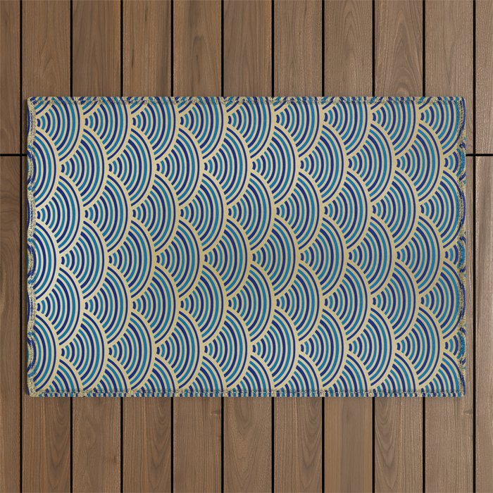 Festive, Art Deco, Wave, Pattern, Blue and Gold Outdoor Rug Gallery Image 1