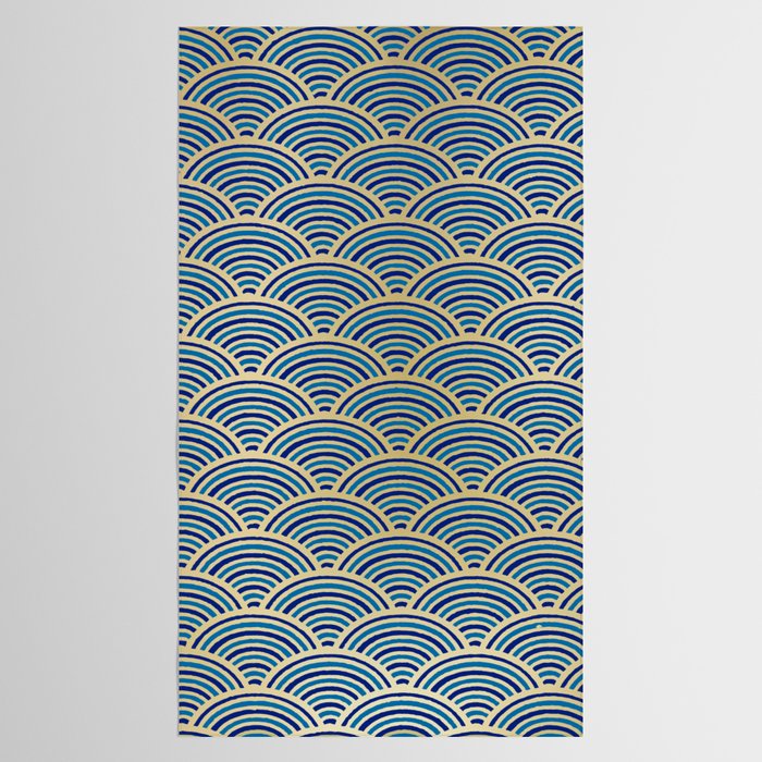 Festive, Art Deco, Wave, Pattern, Blue and Gold Tablecloth Gallery Image 2