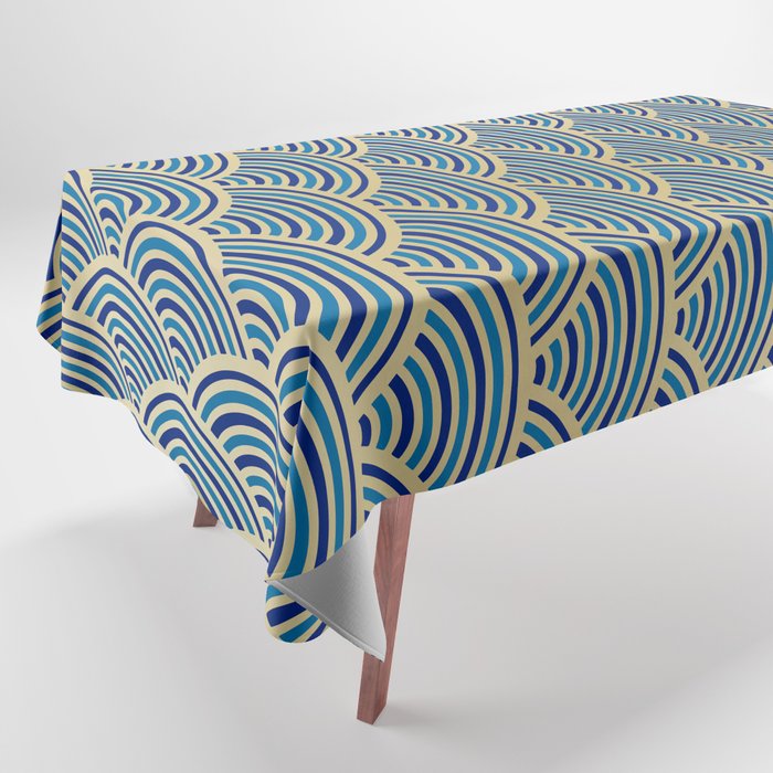 Festive, Art Deco, Wave, Pattern, Blue and Gold Tablecloth Gallery Image 1