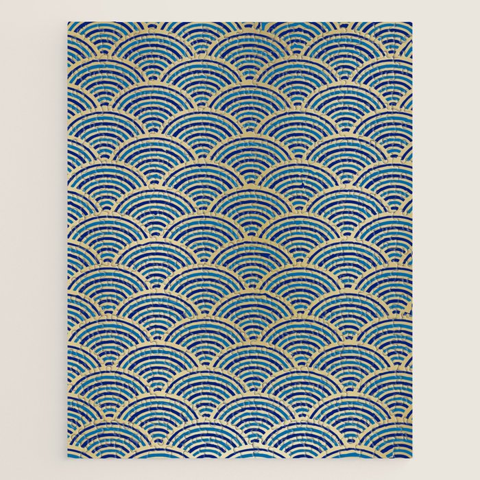 Festive, Art Deco, Wave, Pattern, Blue and Gold Jigsaw Puzzle Gallery Image 1