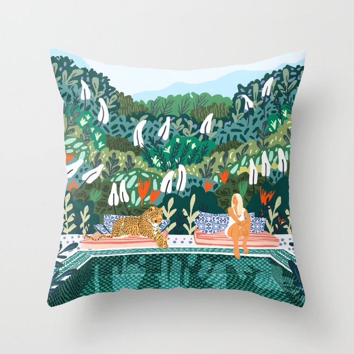 Chilling by the pool with my leopard Tropical Jungle Nature Wildlife Bohemian Morocco Travel Throw Pillow Gallery Image 6