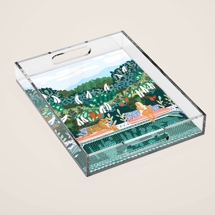 Chilling by the pool with my leopard Tropical Jungle Nature Wildlife Bohemian Morocco Travel Acrylic Tray Gallery Image 1