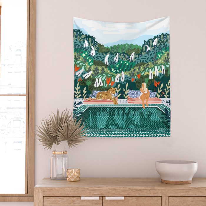 Chilling by the pool with my leopard Tropical Jungle Nature Wildlife Bohemian Morocco Travel Wall Tapestry Gallery Image 2