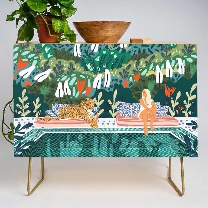 Chilling by the pool with my leopard Tropical Jungle Nature Wildlife Bohemian Morocco Travel Credenza Gallery Image 1