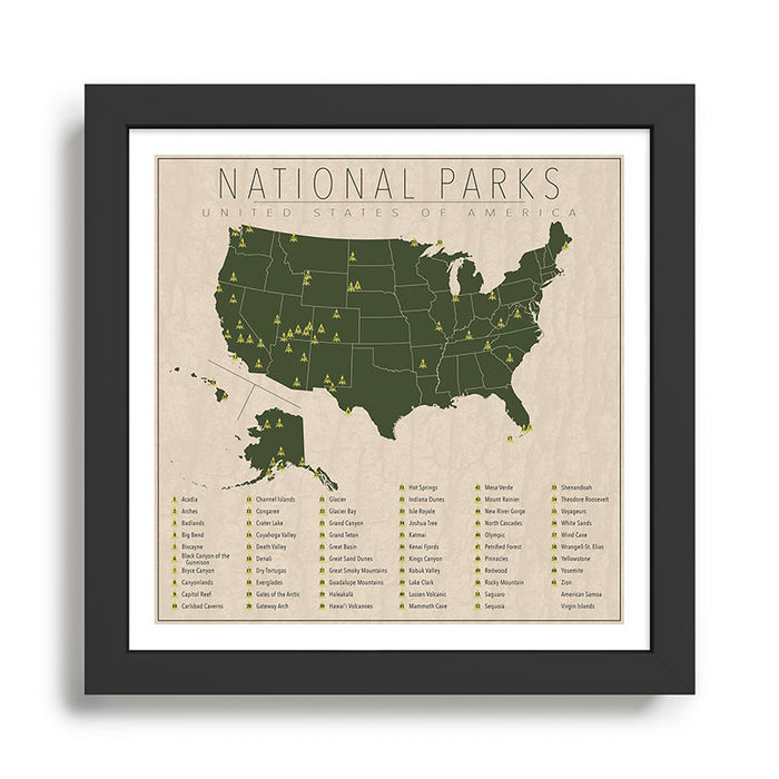 US National Parks w/ State Borders Framed Art Print Gallery Image 1