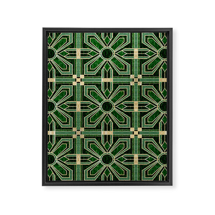 Art Deco Floral Tiles in Emerald Green and Faux Gold Framed Canvas Print Gallery Image 1