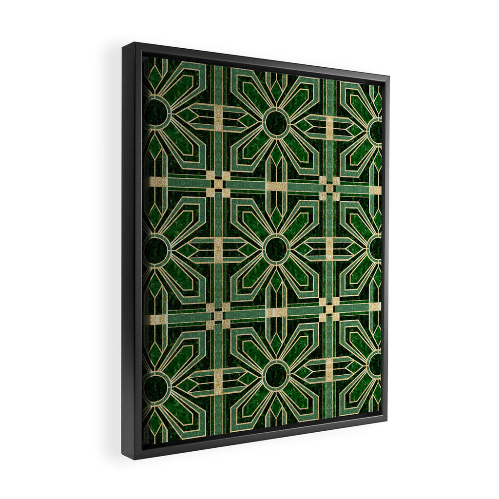 Art Deco Floral Tiles in Emerald Green and Faux Gold Framed Canvas Print Gallery Image 2