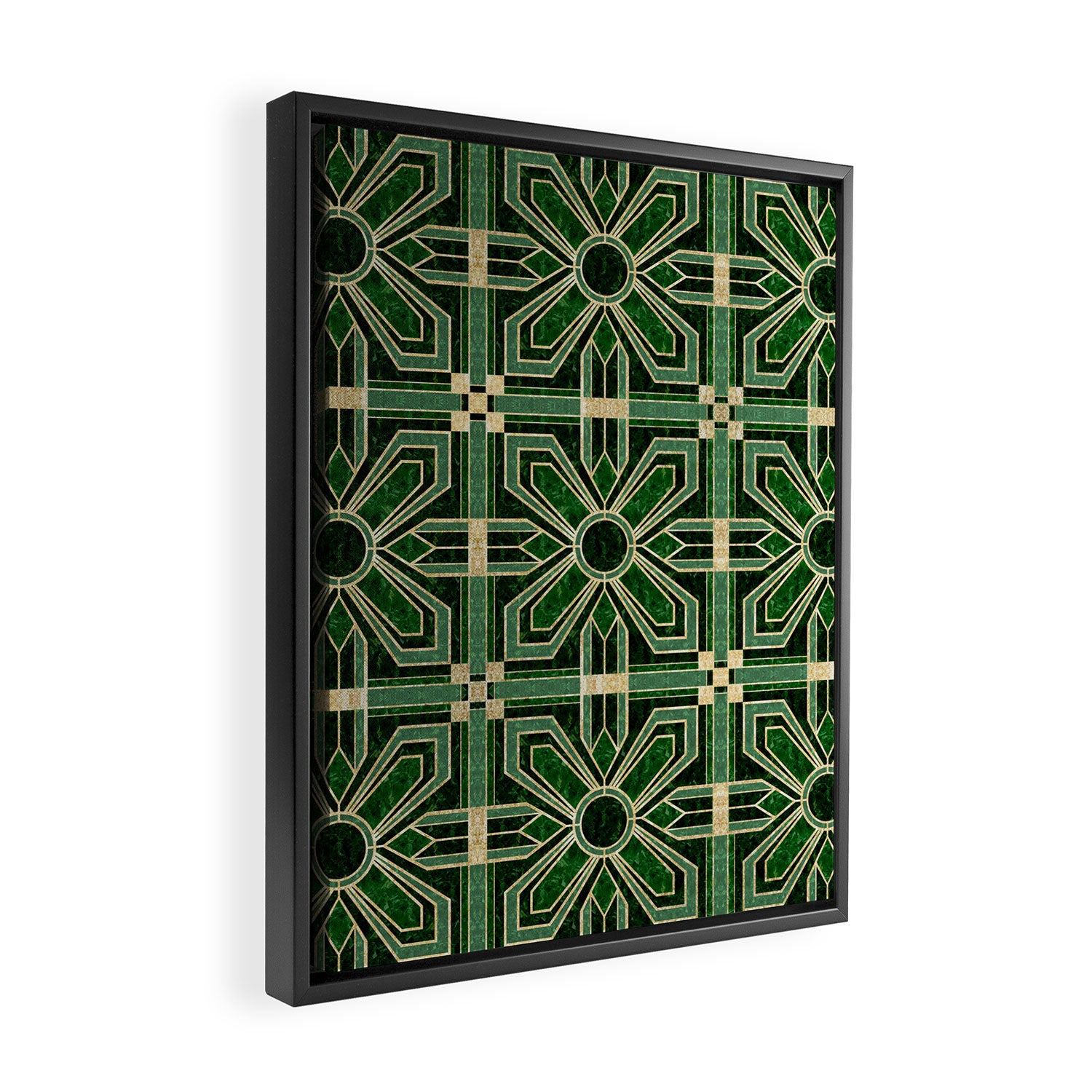 Art Deco Floral Tiles in Emerald Green and Faux Gold Framed Canvas Print Gallery Image 2