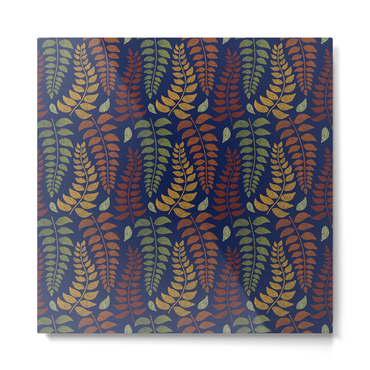 Leaf Fronds in Fall Colors on Navy Blue Metal Print Gallery Image 2