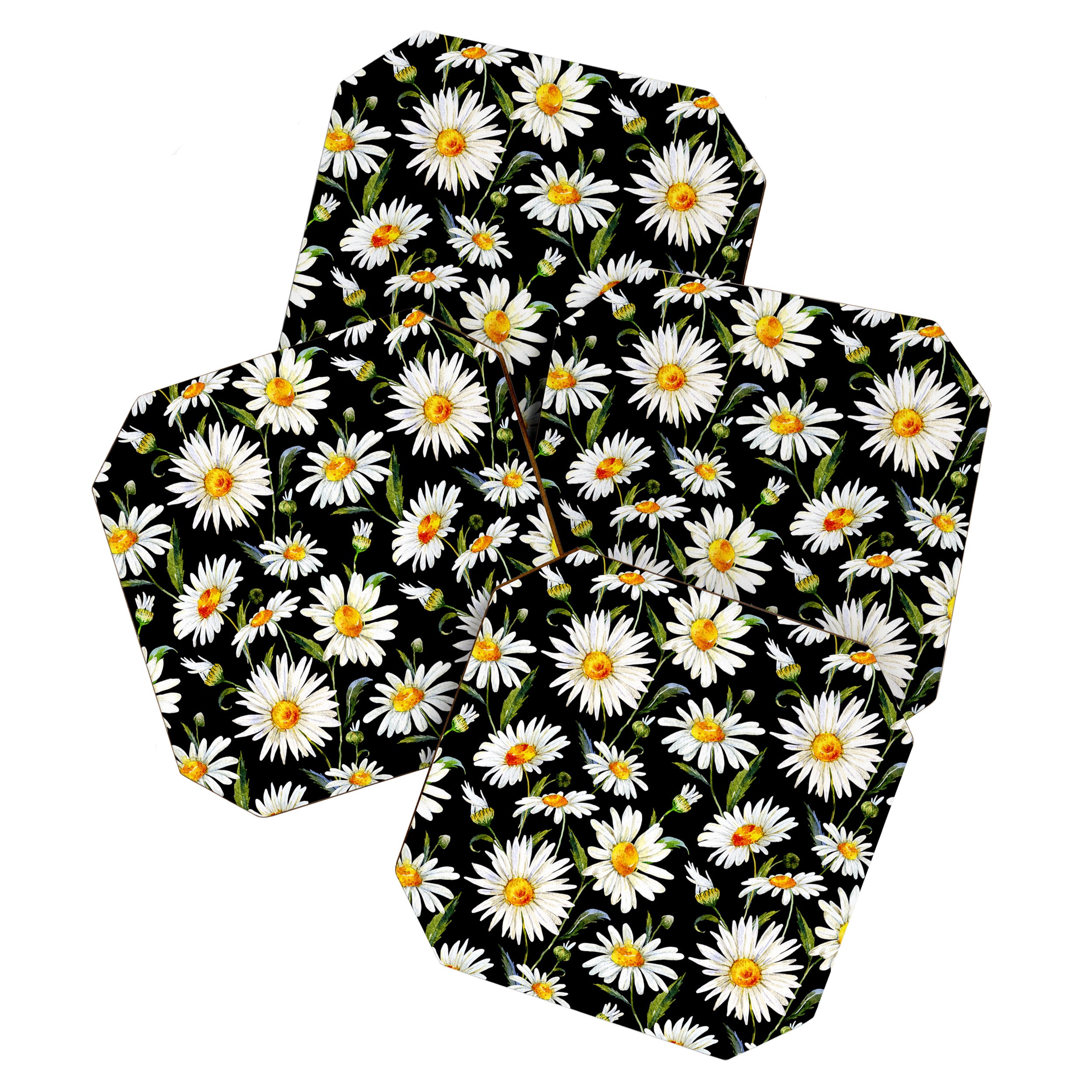 Floral Kingdom Cute White Daisy On Black Background Coaster Gallery Image 1