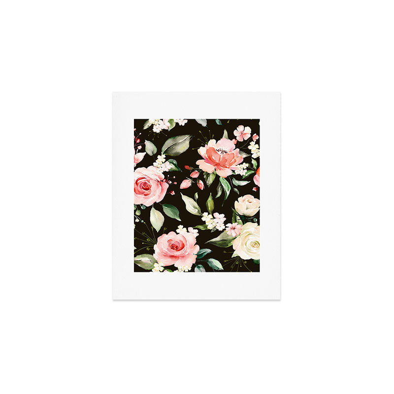 Pink & White Roses On Black Background Watercolor Painting Floral Pattern Art Print Gallery Image 1