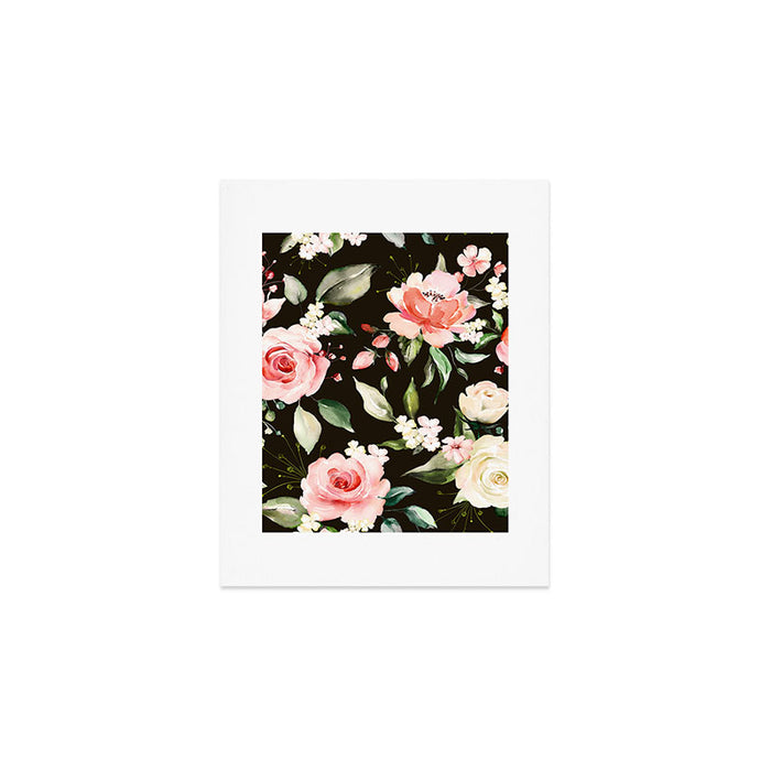 Pink & White Roses On Black Background Watercolor Painting Floral Pattern Art Print Gallery Image 1