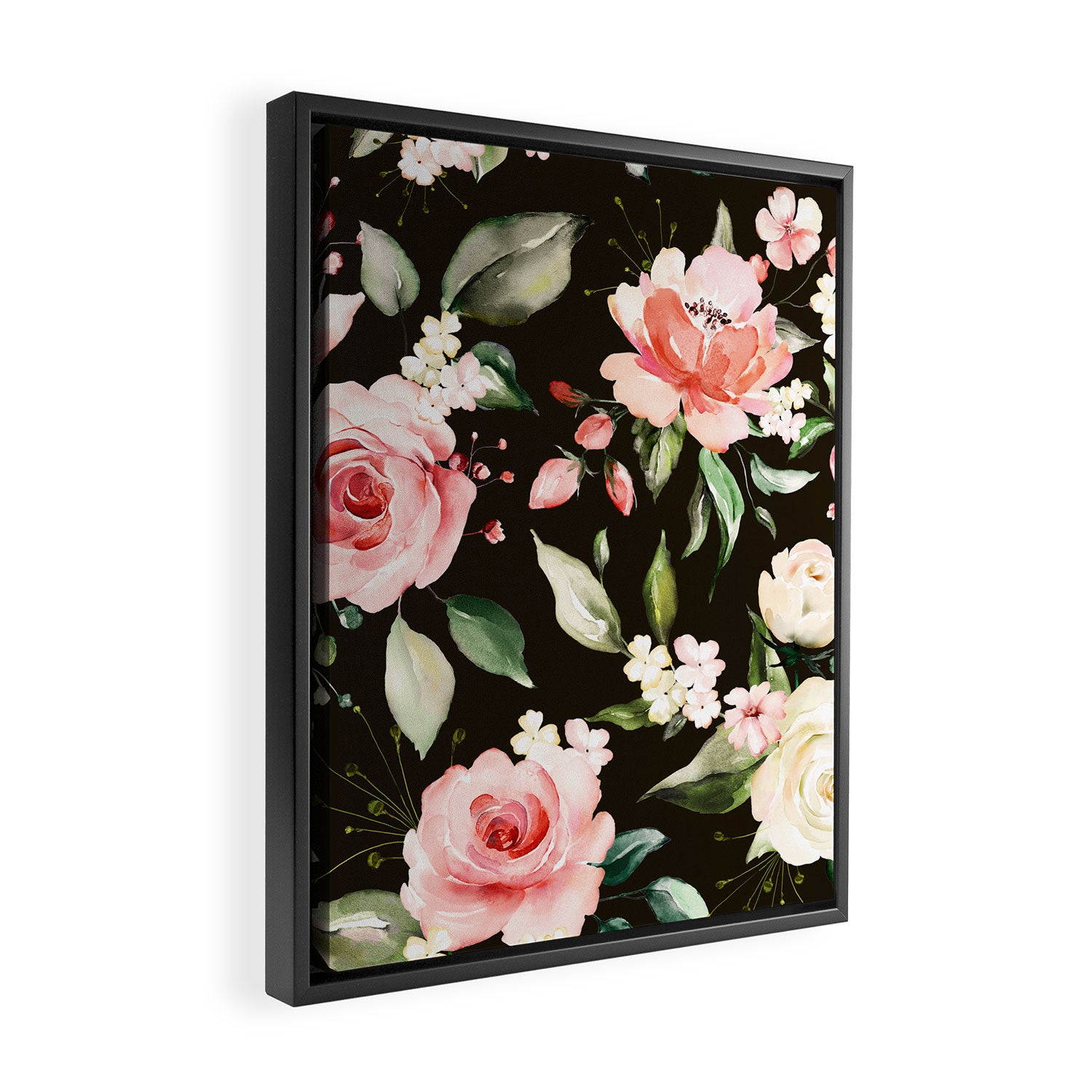 Pink & White Roses On Black Background Watercolor Painting Floral Pattern Framed Canvas Print Gallery Image 2