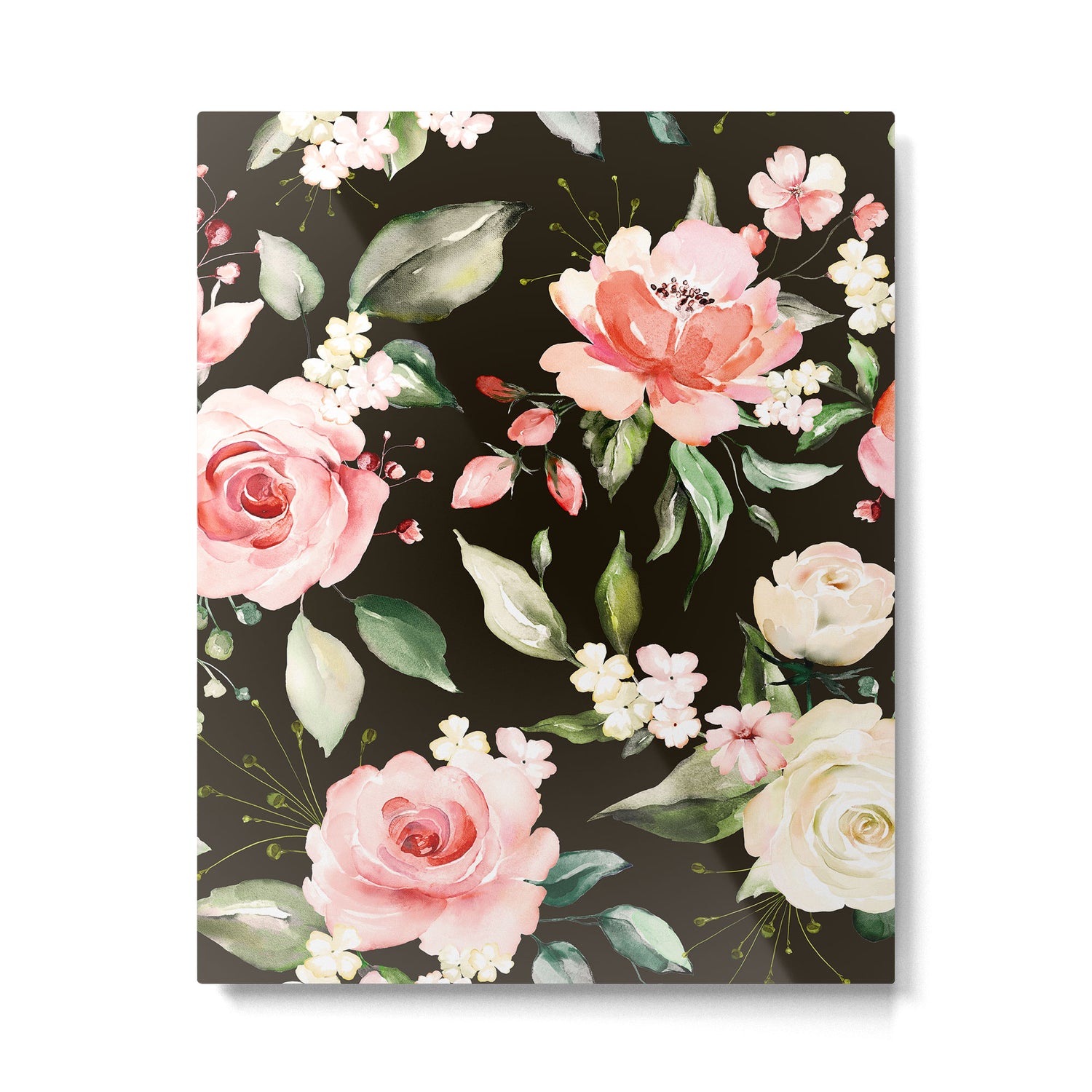 Pink & White Roses On Black Background Watercolor Painting Floral Pattern Metal Print Gallery Image 4