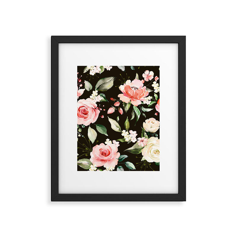 Pink & White Roses On Black Background Watercolor Painting Floral Pattern Framed Art Print Gallery Image 5