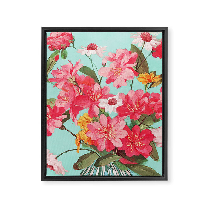 Azalea and Wildflower Bouquet on Teal Framed Canvas Print Gallery Image 1