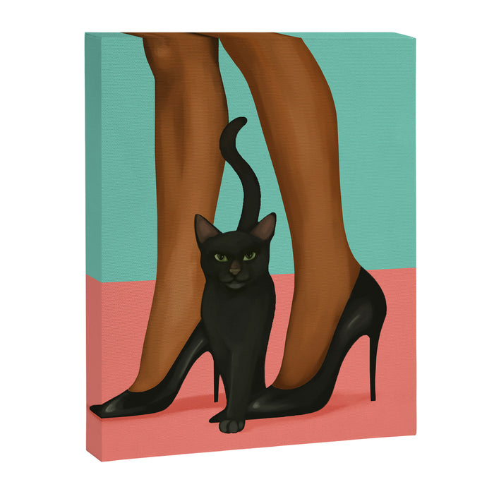 Woman in Heels with Black Cat Canvas Print Gallery Image 1