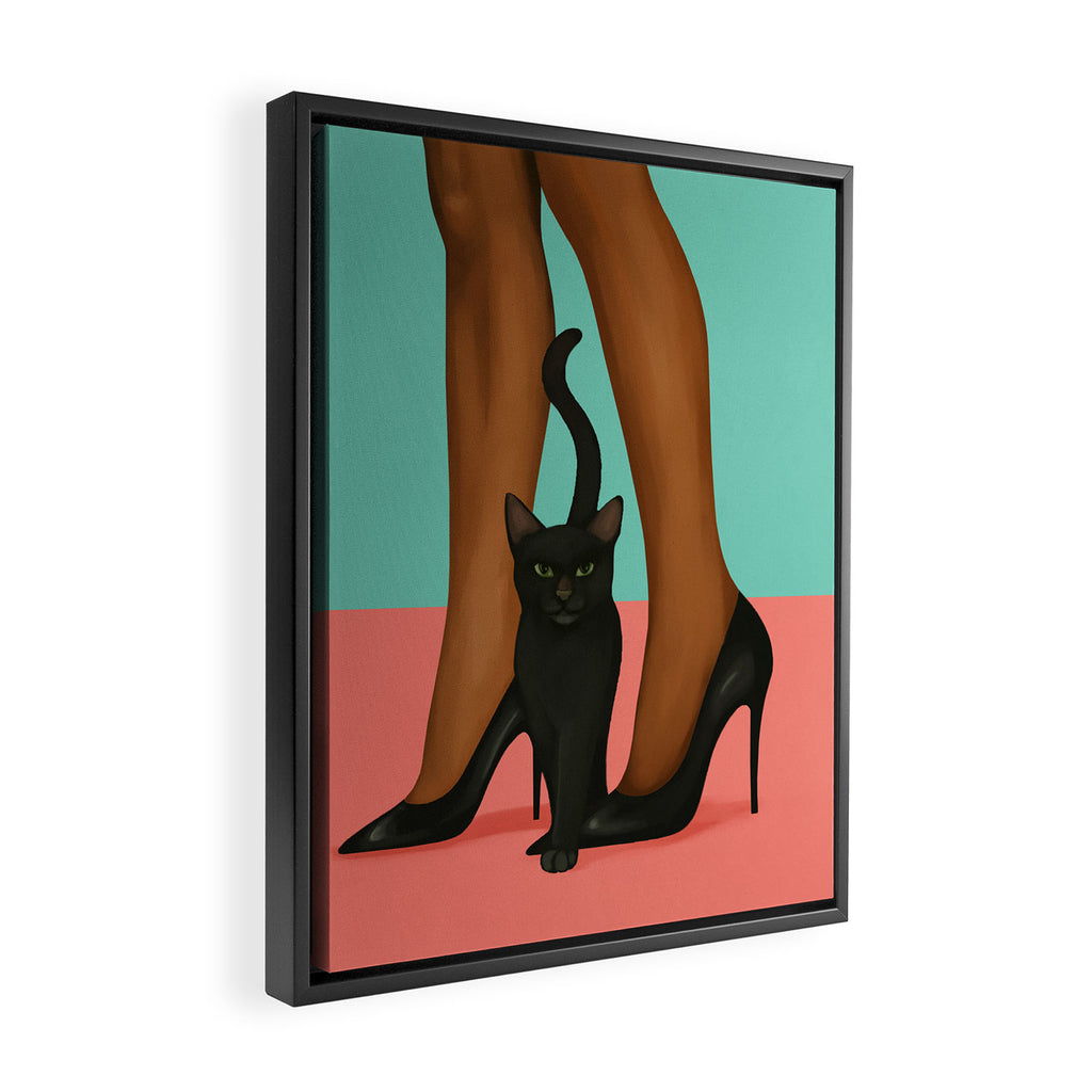 Woman in Heels with Black Cat Framed Canvas Print Gallery Image 2