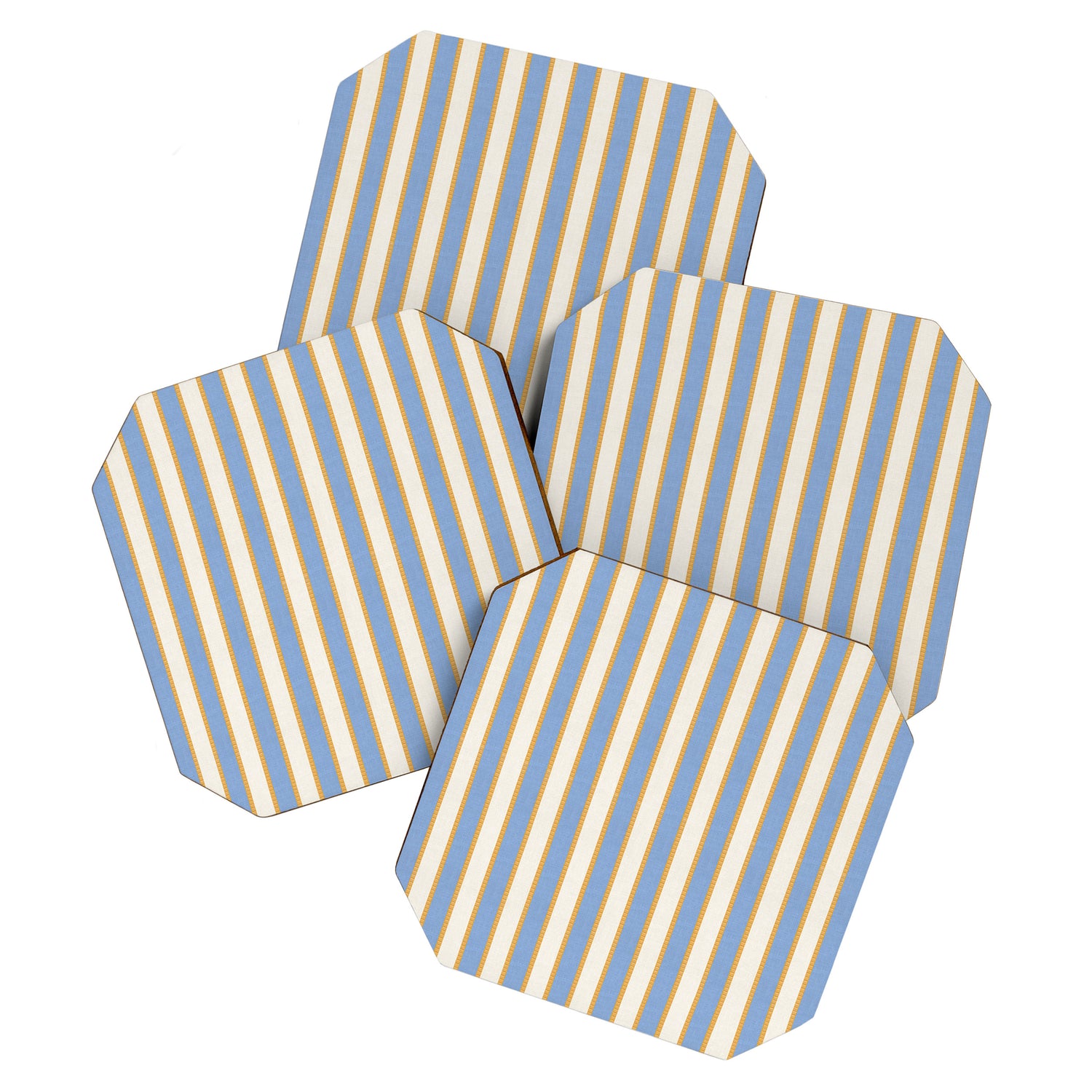 Vintage Cabana Stripe Pastel Blue And Gold Retro Coastal Beach Vibe Coaster Gallery Image 1