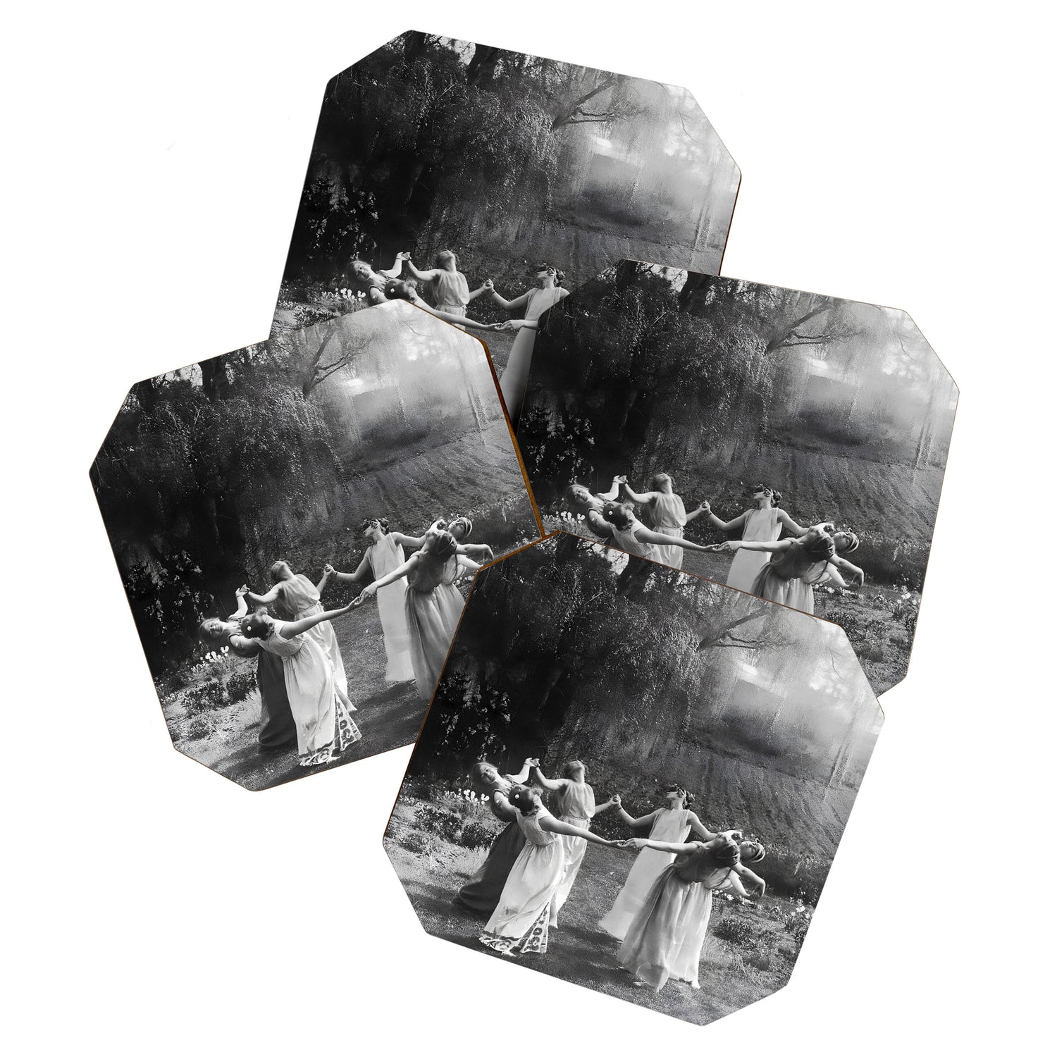 Circle Of Witches vintage Women Dancing -Circle Of Witches Vintage Women Dancing Black And White Coaster Gallery Image 1