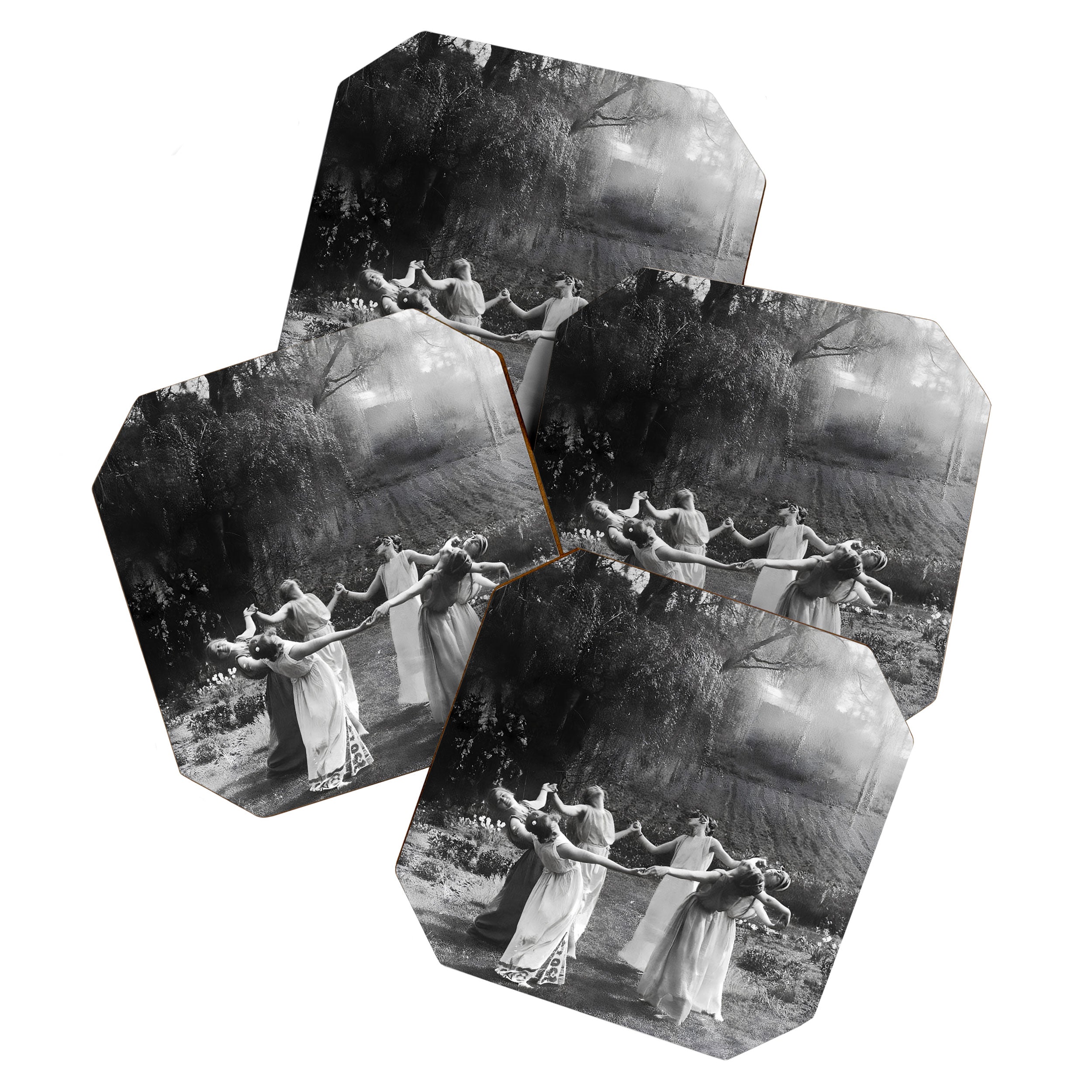 Circle Of Witches vintage Women Dancing -Circle Of Witches Vintage Women Dancing Black And White Coaster Gallery Image 1