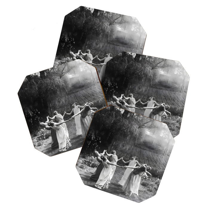 Circle Of Witches vintage Women Dancing -Circle Of Witches Vintage Women Dancing Black And White Coaster Gallery Image 1