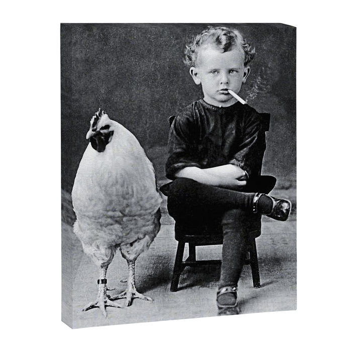 Smoking Boy with Chicken black and white photograph - photography - photographs Canvas Print Gallery Image 1