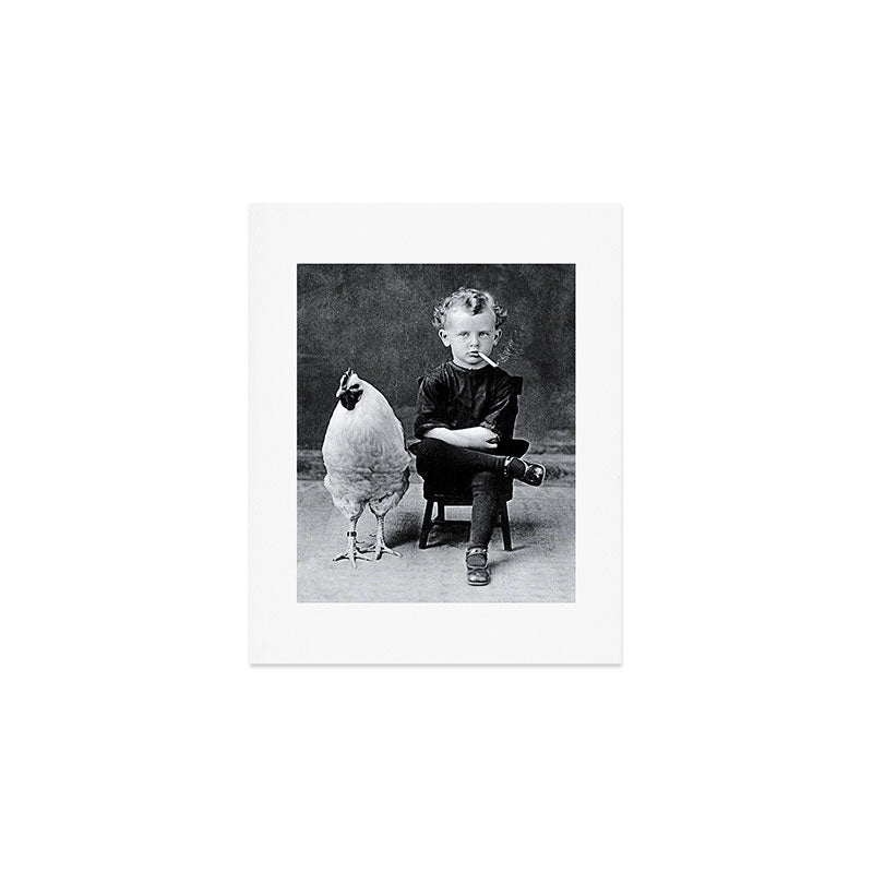 Smoking Boy with Chicken black and white photograph - photography - photographs Art Print Gallery Image 1