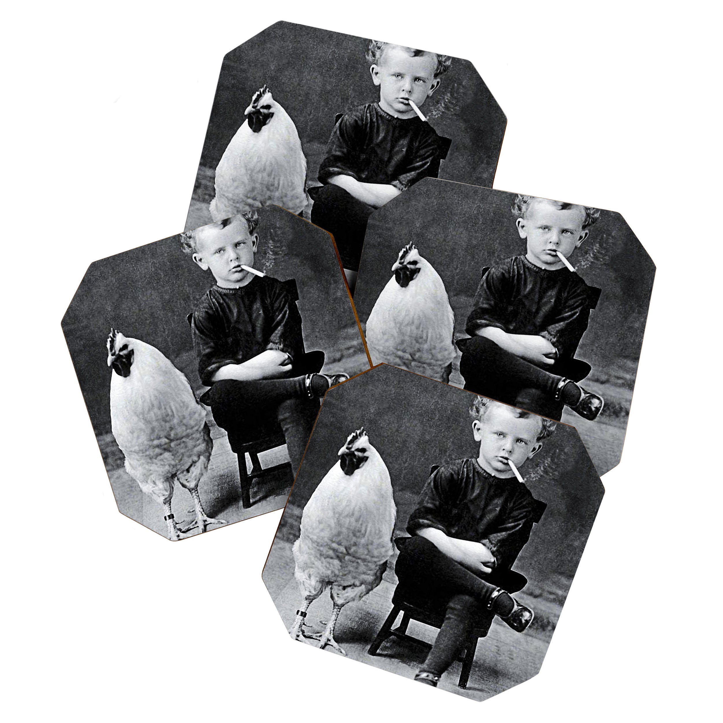 Smoking Boy with Chicken black and white photograph - photography - photographs Coaster Gallery Image 1