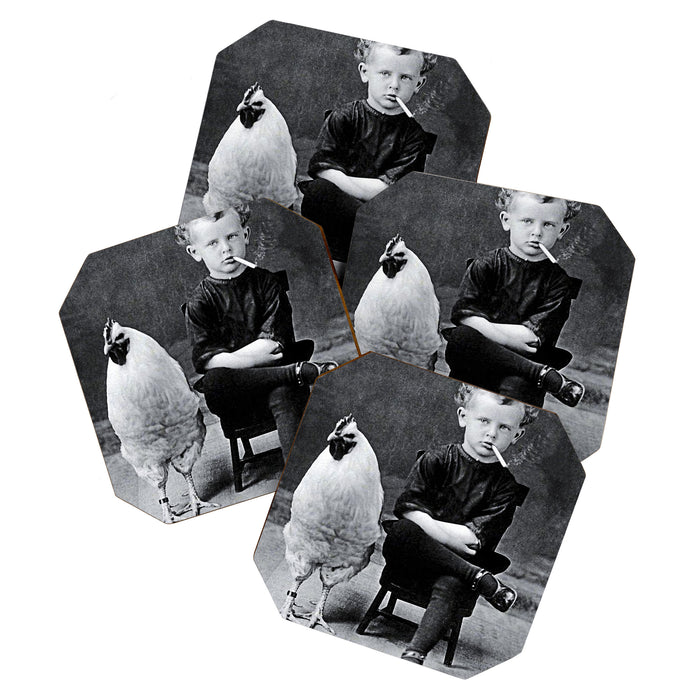Smoking Boy with Chicken black and white photograph - photography - photographs Coaster Gallery Image 1