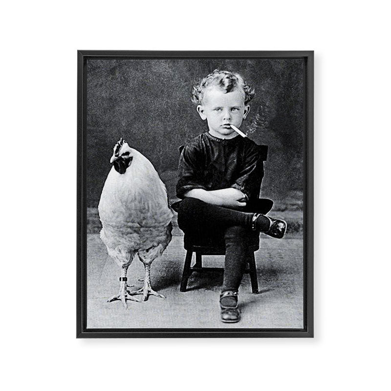 Smoking Boy with Chicken black and white photograph - photography - photographs Framed Canvas Print Gallery Image 6