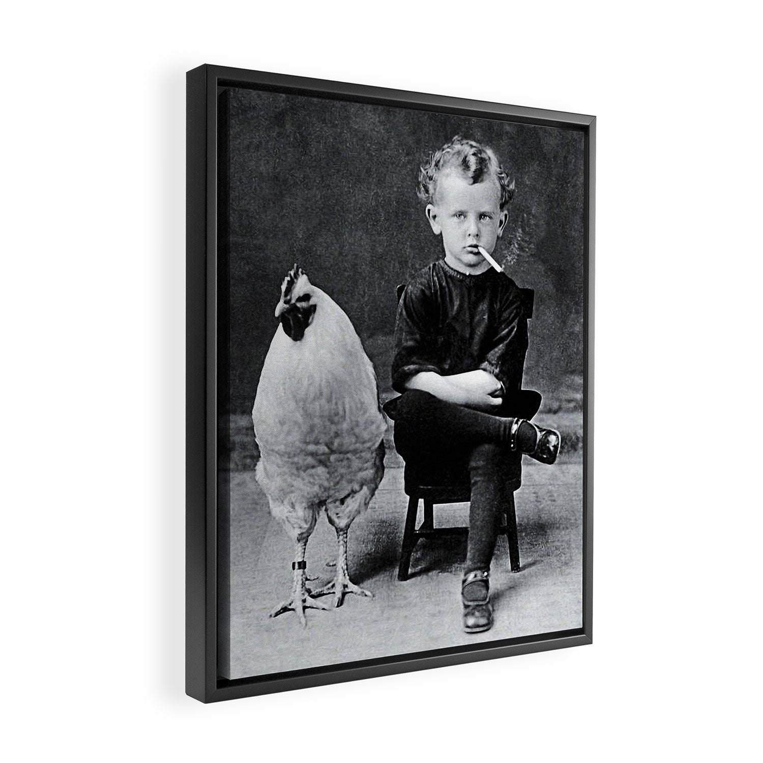 Smoking Boy with Chicken black and white photograph - photography - photographs Framed Canvas Print Gallery Image 2