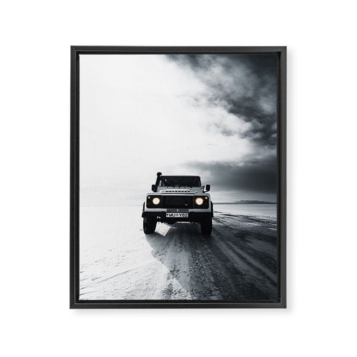 landrover defender in iceland Framed Canvas Print Gallery Image 1