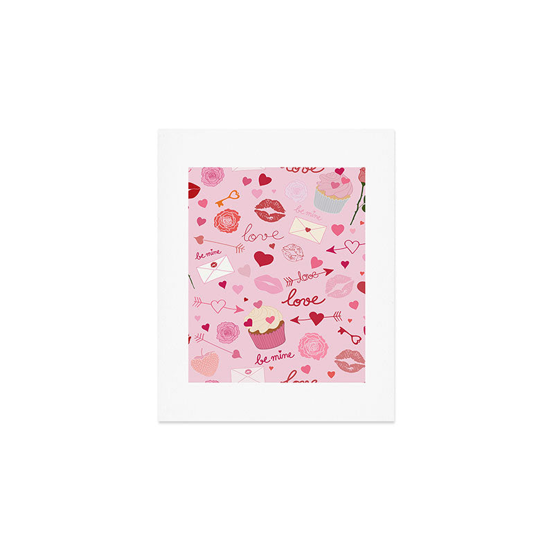Pink valentine's Day with Kisses, Cupcakes and Roses Art Print Gallery Image 1