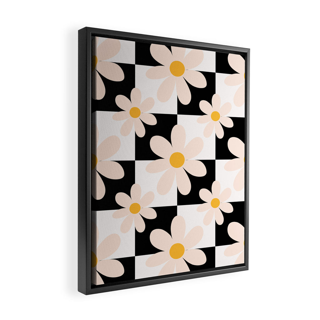 Black and White Checkered Daisy pattern  Framed Canvas Print Gallery Image 2