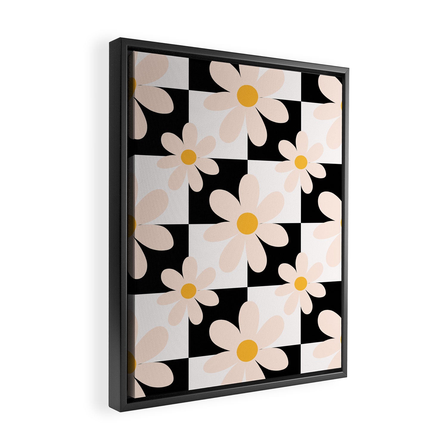 Black and White Checkered Daisy pattern  Framed Canvas Print Gallery Image 2