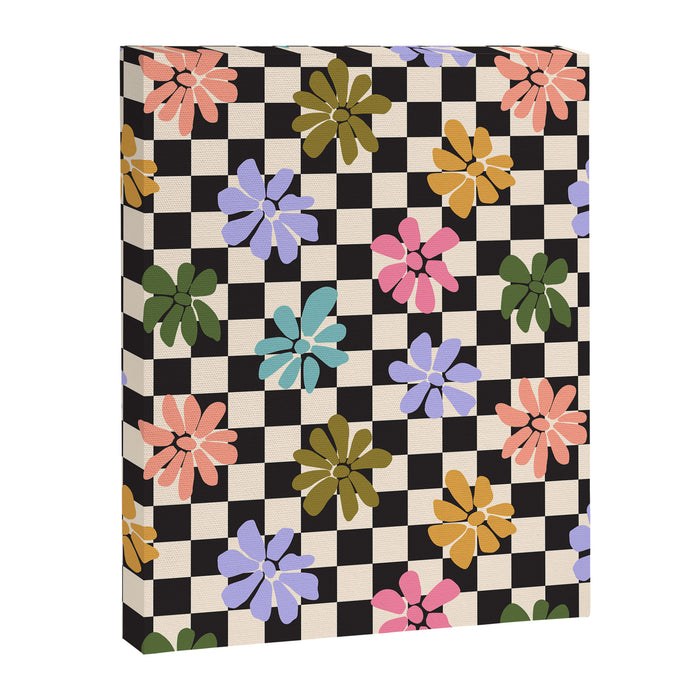 Black and White Checkered - Retro Rainbow Daisies  Canvas Print Gallery Image 1
